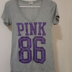 Pink VS shirt grey with purple glitter words
